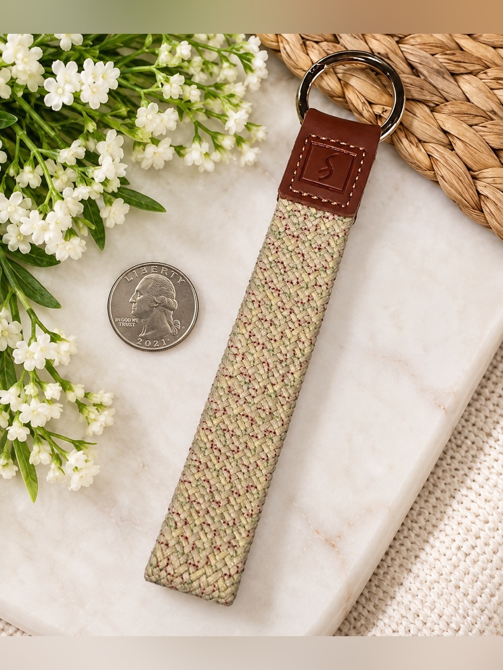 Unisex Woven Leather Keychain Key Fob – Beige & Brown – Embossed S Logo